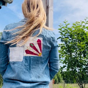 Chambray Button-Up with Sunburst Quilt Patch – Handcrafted Upcycled Shirt – Size Small/Medium