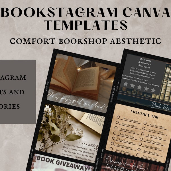 50 Bookstagram Instagram Templates Canva Posts and Stories | Presets | Customizable | Comfort Bookshop Aesthetic | Bundle | Edit | Neutral