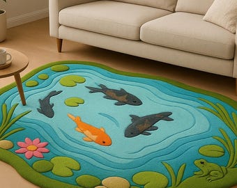 Koi Pond Rug, Frog Accent, Nature-Inspired Hand tufted carpet