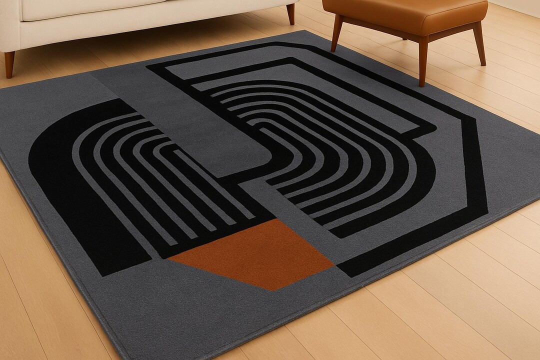Modern Geometric Rug – Black, Grey & Rust Abstract Area Carpet for Home ...