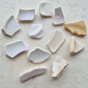 May include: A collection of 12 white and cream ceramic shards, some with a crackled glaze, arranged in a circle on a white background.