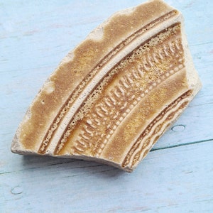 May include: A broken piece of ceramic tile with a brown and white design. The tile has a decorative border with a repeating pattern.