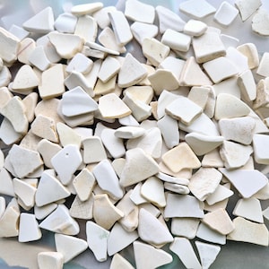 以下が含まれることがあります： 不規則な形をした、オフホワイトとクリーム色の陶器の破片のコレクション。破片はサイズと形状が異なり、摩耗や質感が見られるものもあります。破片は散らばっており、自然な質感のある美しさを生み出しています。