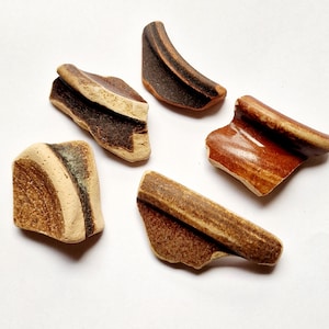 以下が含まれることがあります： 茶色、ベージュ、白の様々な色合いの壊れた陶器の破片が5つあります。陶器は釉薬がかけられており、摩耗の跡が見られます。