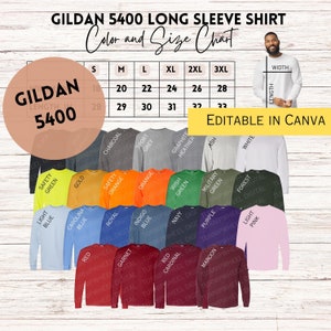 Gildan 5400 Long Sleeve Shirt Cotton Color and Size Chart Colors Color Chart 5400 Instant Digital Download Chart G5400 Canva Editable Chart