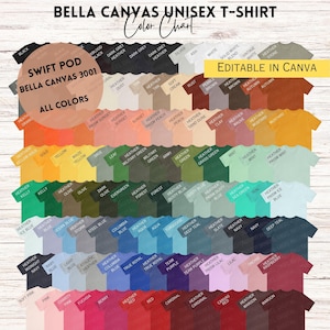 Carta de colores de camisa Bella Canvas 3001 editable Nuevos colores Todos los colores Swift POD Carta de muestras de colores para 3001 Swift POD Printify Colors CVC Canva
