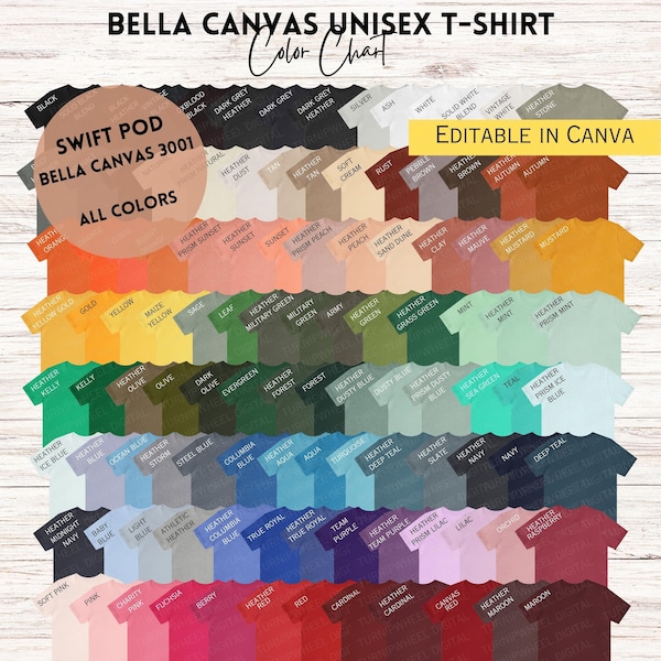 Editable Bella Canvas 3001 Shirt Color Chart New Colors All Swift POD Colors Color Swatch Chart for 3001 Swift POD Printify Colors CVC Canva