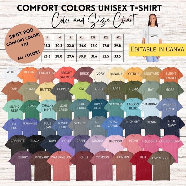 Comfort Colors® 1717 Color and Size Chart Shirt 2003 colors Shirt Color Chart for 1717 Swift POD Color Chart Printify CC 1717 Editable Chart