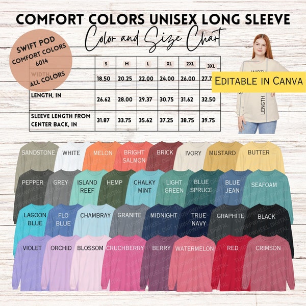 Comfort Colors® 6014 Color and Size Chart Long Sleeve Shirt Color Chart for 6014 Swift POD Color Chart Printify CC 6014 Editable Chart