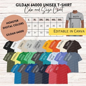 Carta de colores y tallas de Gildan 64000 Colores de camisa Carta de colores de camisas para 64000 Carta de colores digitales Monster Printify Carta editable de Gildan 64000