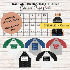 Bella Canvas 3200 Tableau des couleurs et des tailles de la chemise de baseball Raglan Tableau des couleurs de la chemise POD 3200 Tableau des tailles Printify Tableau modifiable Styles maladroits