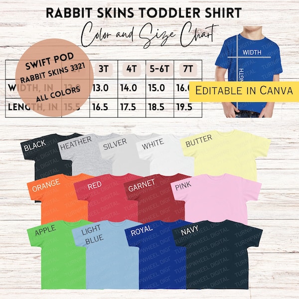 Rabbit Skins 3321 Toddler Shirt Color and Size Chart Swift POD Colors Kids Color Chart Size Chart Printify Editable Chart Turnipwheel RS