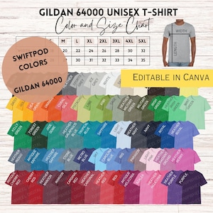 Tabla de colores y tallas de Gildan 64000 SwiftPOD Colores de camisas Tabla de colores de camisas para 64000 Tabla de colores digital Printify Tabla editable Gildan 64000