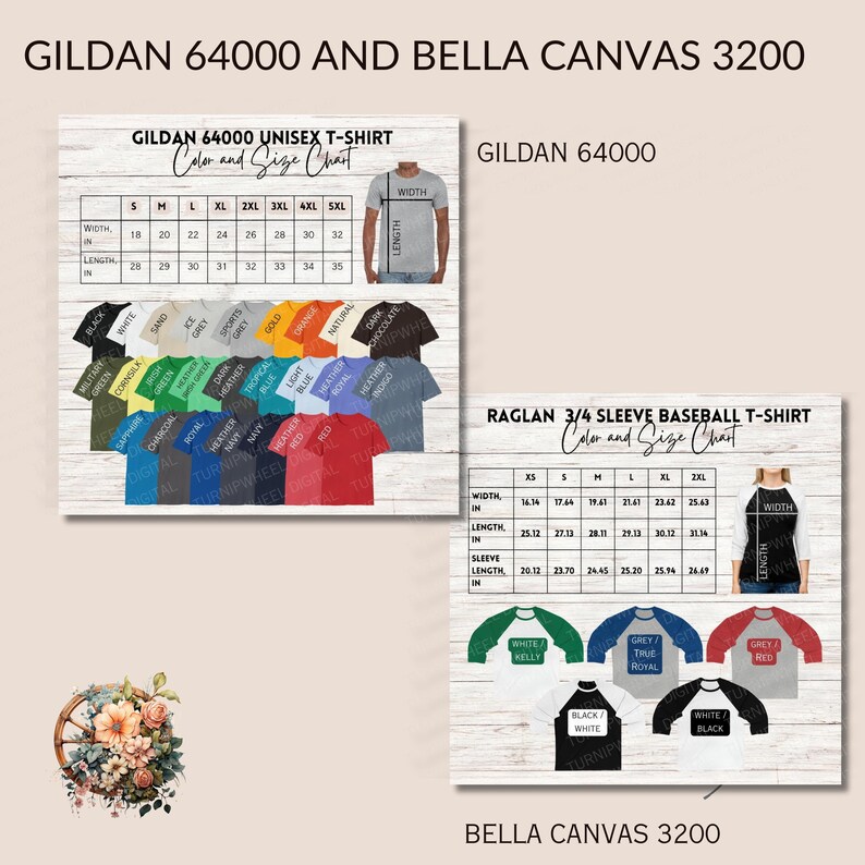 May include: Size chart for Gildan 64000 unisex t-shirts and Bella Canvas 3200 raglan 3/4 sleeve baseball t-shirts. The chart shows the width and length measurements in inches for different sizes. The Gildan chart includes a color palette of 24 colors. The Bella Canvas chart includes a color palette of 3 colors.