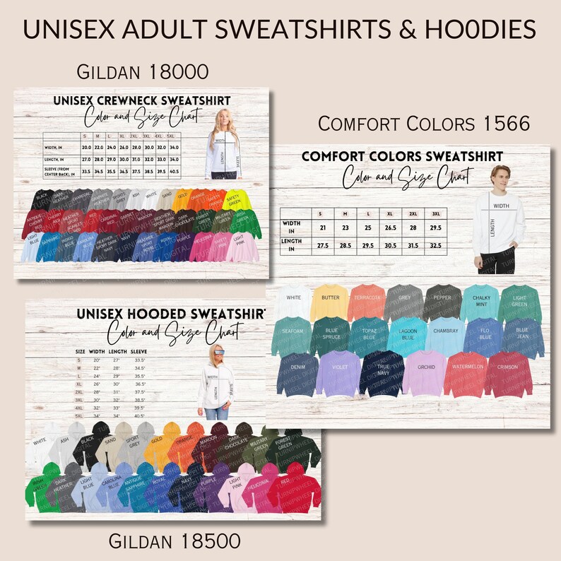 May include: A size chart for unisex adult crewneck and hooded sweatshirts. The chart shows the different sizes and colors available for each style. The chart includes Gildan 18000 and Gildan 18500.