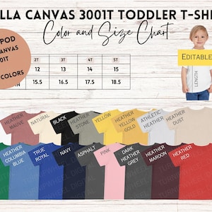 Niño Bella Canvas 3001T Swift POD Camisa para niños pequeños Color y tabla de tallas 2003 Carta de colores de camisas para niños para 3001T Gráfico editable Printify para niños