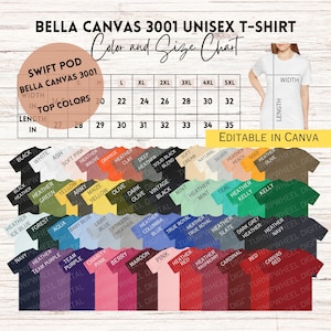 Swift POD Bella Canvas 3001 Tabla de colores y tallas de camisa, colores 2003, Carta de colores de camisa para 3001 Swift POD, Camisa Printify Crewneck editable