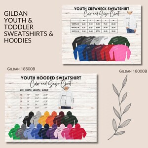May include: Size chart for Gildan youth hooded and crewneck sweatshirts. The chart shows the width, length, and sleeve measurements in inches for sizes XS to XL. The chart also shows the different colors available for the sweatshirts, including black, white, red, blue, green, and pink.