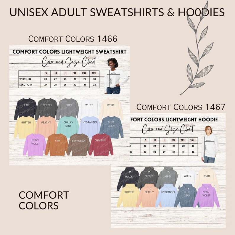 May include: A size chart for unisex adult sweatshirts and hoodies. The chart shows the width and length in inches for sizes small through 3XL. The chart also shows a variety of colors for the sweatshirts and hoodies, including black, pepper, grey, white, ivory, butter, peachy, chalky mint, hydrangea, blue jean, neon violet, yam, espresso, and crimson.