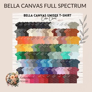 May include: A color chart showing the different colors of Bella Canvas unisex t-shirts. The chart includes a variety of colors, including black, white, grey, blue, green, red, and yellow. The chart is labeled "Bella Canvas Unisex T-Shirt Color Chart".