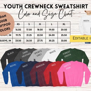 Gildan 18000B Youth Sweatshirt Color and Size Chart Kids Sweatshirt Color Chart Size Chart for 18000B SwiftPOD Youth Crewneck Editable Chart