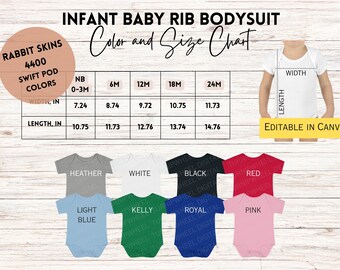Rabbit Skins 4400 Infant Baby Rib Bodysuit Color and Size Swift POD Baby Chart Kids for 4400 Bodysuit Child Printify Canva Editable Color