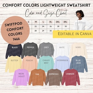 Tabla de colores y tallas Comfort Colors® 1466 Tabla de colores de sudaderas ligeras Tabla de colores para Swift POD 1466 Tabla editable de Printify CC 1466