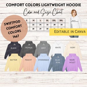 Tabla de colores y tallas Comfort Colors® 1467 Tabla de sudaderas con capucha ligeras 1467 Tabla de sudaderas con capucha Swift POD Printify CC 1467 Canva editable