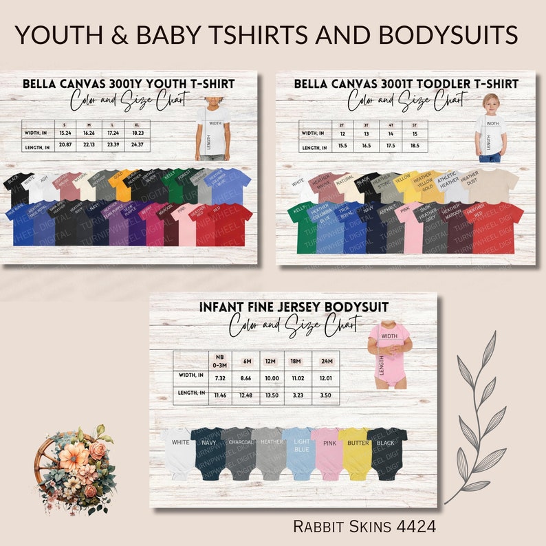 May include: Color and size chart for Bella Canvas 3001Y youth t-shirts, Bella Canvas 3001T toddler t-shirts, and infant fine jersey bodysuits. The chart shows the width and length measurements in inches for each size and color.