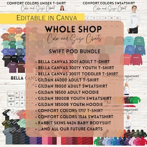 Paquete con tabla de tallas y colores de toda la tienda / Bella Canvas para adultos, jóvenes y niños pequeños / Sudadera y sudadera con capucha Gildan para adultos y jóvenes / Rabbit Skins para bebés