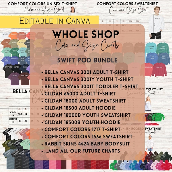 Whole Shop Color And Size Chart Bundle | Bella Canvas Adult, Youth, Toddler | Gildan Sweatshirt and Hoodie Adult & Youth | Rabbit Skins Baby