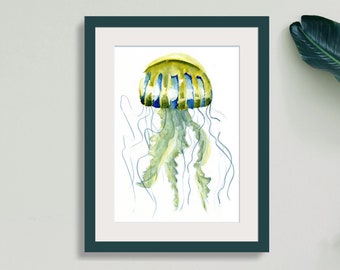 Printable jellyfish as watercolor painting, digital product, wall picture, wall decoration, animal art, sea animal