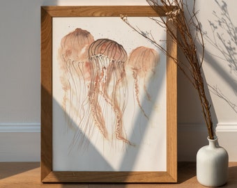 Printable jellyfish watercolor painting, digital product, animal art, wall art, wall decoration, home decoration, gift