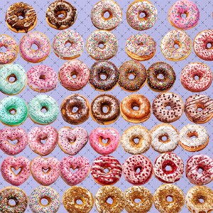 Pu&ograve; includere: Una collezione di ciambelle colorate con diverse guarnizioni, tra cui codette, cioccolato e glassa. Le ciambelle sono disposte a griglia su uno sfondo viola chiaro.