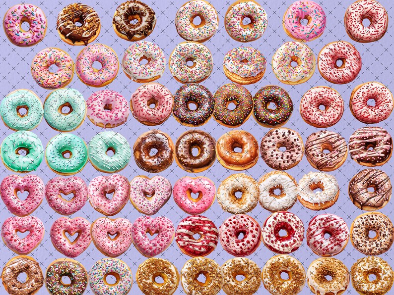 Pu&ograve; includere: Una collezione di ciambelle colorate con diverse guarnizioni, tra cui codette, cioccolato e glassa. Le ciambelle sono disposte a griglia su uno sfondo viola chiaro.