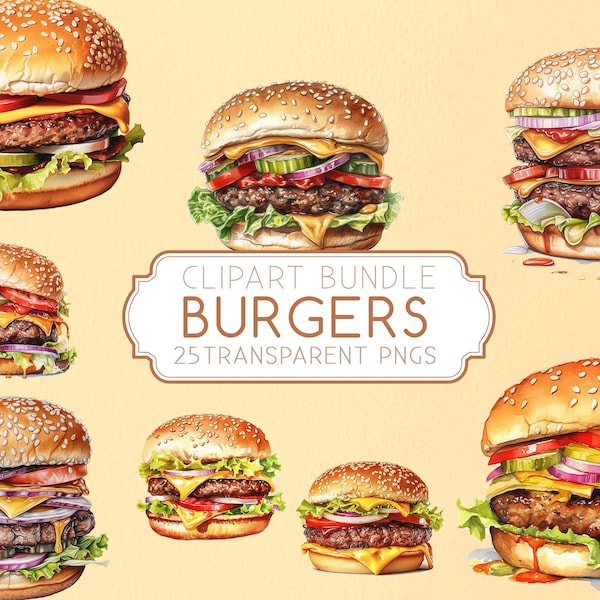 25 Burger Clipart Bundle Set, High quality Watercolor clipart illustrations, Burger clip-art Transparent PNG Instant Digital Download