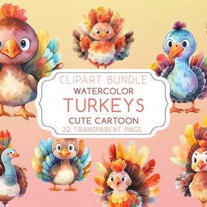 22 Turkey Cartoon Cute Digital Clipart Bundle, Watercolor illustration pack Clip-art Collection PNG High Quality Instant Download
