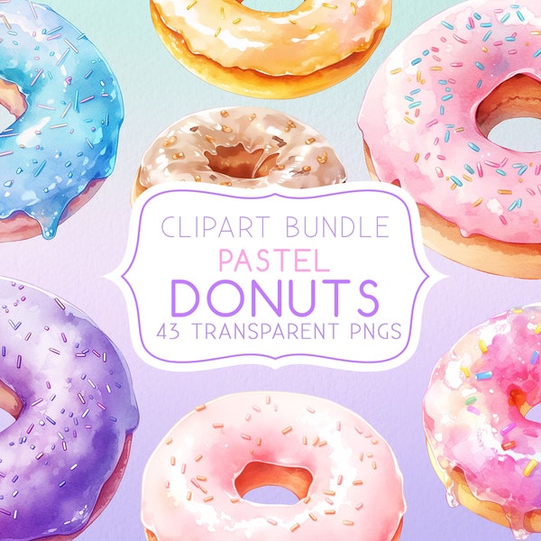 43 Pastel Donuts Clipart Bundle, Digital Donut illustration pack, Clip-art Collection set Transparent PNG