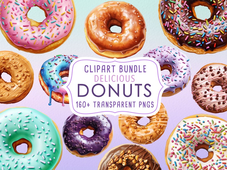 Pu&ograve; includere: Un pacchetto di clipart di 12 deliziosi donut in vari colori e condimenti, tra cui rosa, blu, marrone, viola e bianco. I donut sono decorati con codette, gocce di cioccolato e noci. Il testo "CLIPART BUNDLE DELICIOUS DONUTS 160+ TRANSPARENT PNGS" &egrave; visualizzato su uno stendardo bianco.