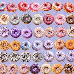 Pu&ograve; includere: Una collezione di 64 ciambelle colorate con diverse guarnizioni, tra cui codette, cioccolato e noci. Le ciambelle sono disposte in file su uno sfondo viola.