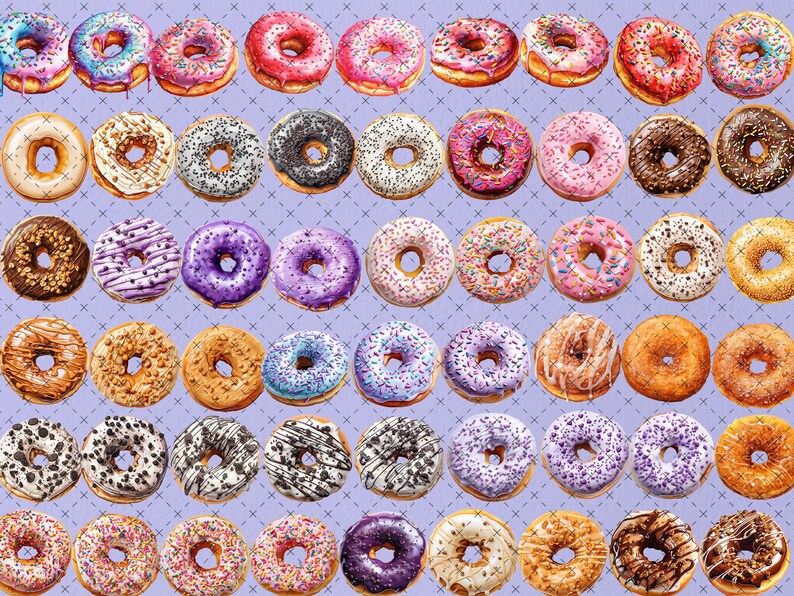 Pu&ograve; includere: Una collezione di 64 ciambelle colorate con diverse guarnizioni, tra cui codette, cioccolato e noci. Le ciambelle sono disposte in file su uno sfondo viola.