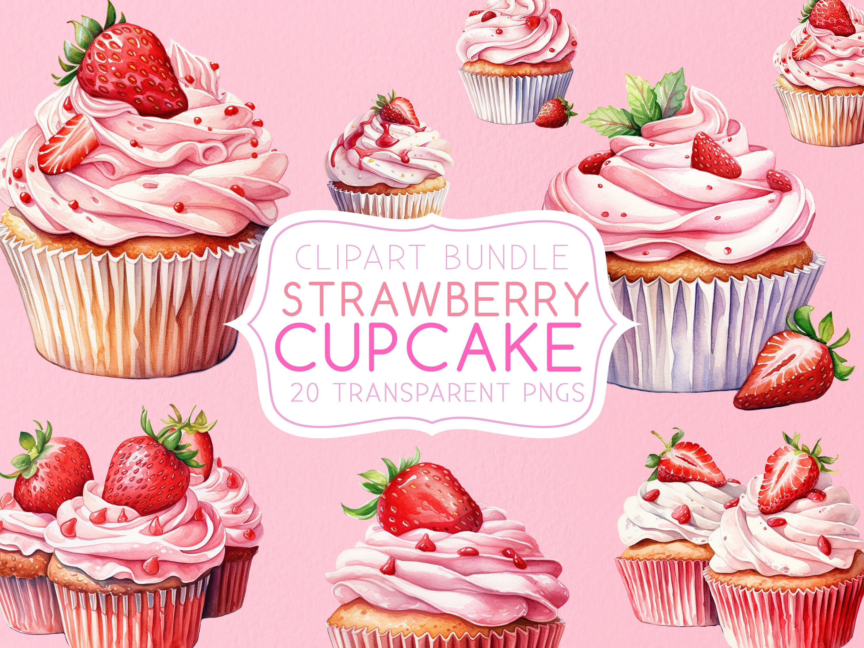 20 Strawberry Cupcakes Clipart Bundle Set, High quality Watercolor clipart illustrations, cupcake clip-art Transparent PNG Instant Digital