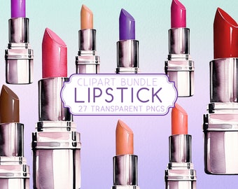 Può includere: Un pacchetto di clipart digitale di 27 illustrazioni di rossetto ad acquerello. I rossetti sono di vari colori, tra cui rosso, rosa, viola, marrone e arancione. I rossetti sono in un tubo argentato con un tappo argentato. Il testo "CLIPART BUNDLE LIPSTICK 27 TRANSPARENT PNGS" è su uno stendardo viola.