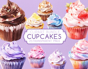 Pacchetto di clipart di cupcake ad acquerello, PNG trasparenti (download digitale)