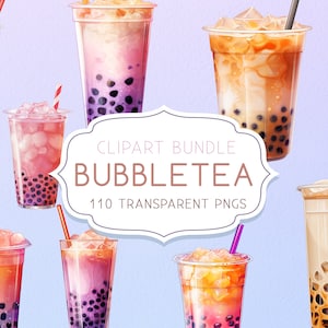 110 Bubbletea Boba Tea Mega Clipart Bundle Set, Watercolor clipart illustrations, Bubble Tea Drink clip-art Transparent PNG Digital Instant