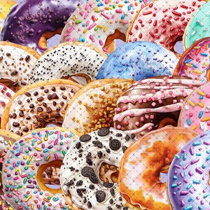 Pu&ograve; includere: Primo piano di una variet&agrave; di ciambelle con diverse guarnizioni, tra cui codette, gocce di cioccolato e frutta. Le ciambelle sono disposte in modo casuale, creando una mostra colorata e deliziosa.