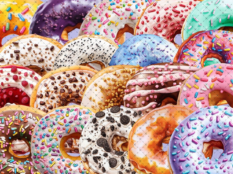 Pu&ograve; includere: Primo piano di una variet&agrave; di ciambelle con diverse guarnizioni, tra cui codette, gocce di cioccolato e frutta. Le ciambelle sono disposte in modo casuale, creando una mostra colorata e deliziosa.