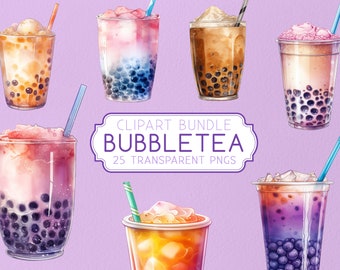 Pacchetto di clipart di Bubble Tea, acquerello Boba Tea PNG (download digitale)