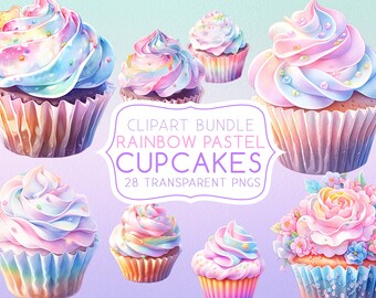 Watercolor Rainbow Cupcake Clipart, Pastel Kawaii PNGs (Digital Download)