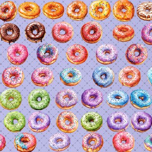 Pu&ograve; includere: Una collezione di ciambelle colorate con diverse guarnizioni, tra cui codette, cioccolato e glassa. Le ciambelle sono disposte in una griglia su uno sfondo viola chiaro.